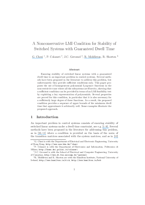 (PDF) A Nonconservative LMI Condition for Stability of Switched Systems ...