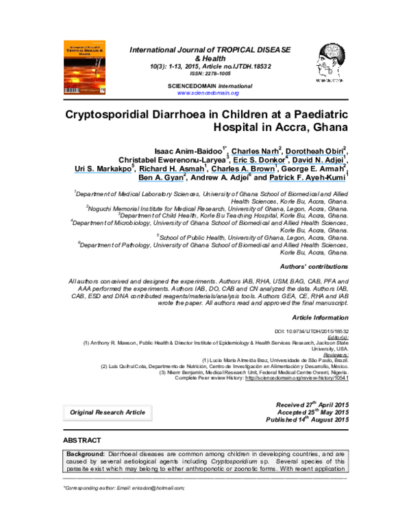 (PDF) Cryptosporidial Diarrhoea in Children at a Paediatric Hospital in ...