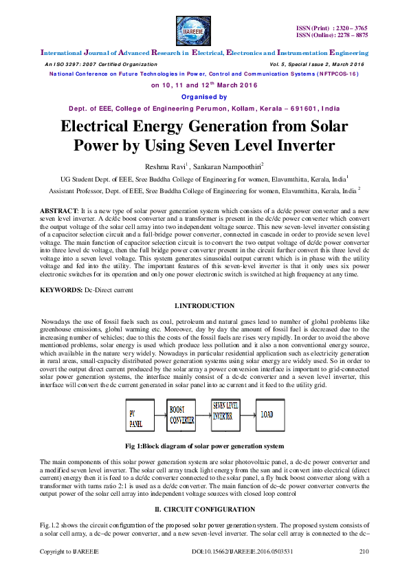 (PDF) Electrical Energy Generation from Solar Power by Using Seven Level Inverter SANKARAN