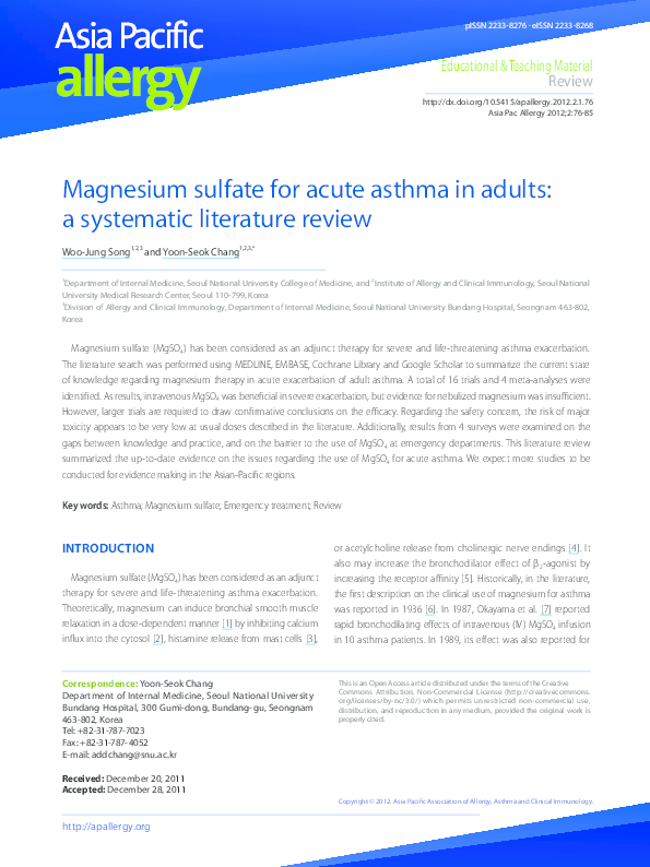 (PDF) Magnesium sulfate for acute asthma in adults a systematic