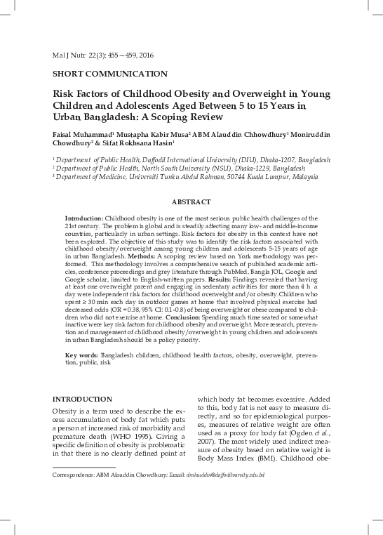 (PDF) Risk Factors of Childhood Obesity and Overweight in Young ...