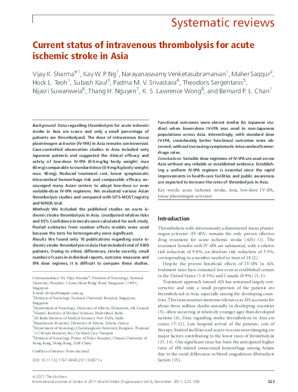 (PDF) Current status of intravenous thrombolysis for acute ischemic ...