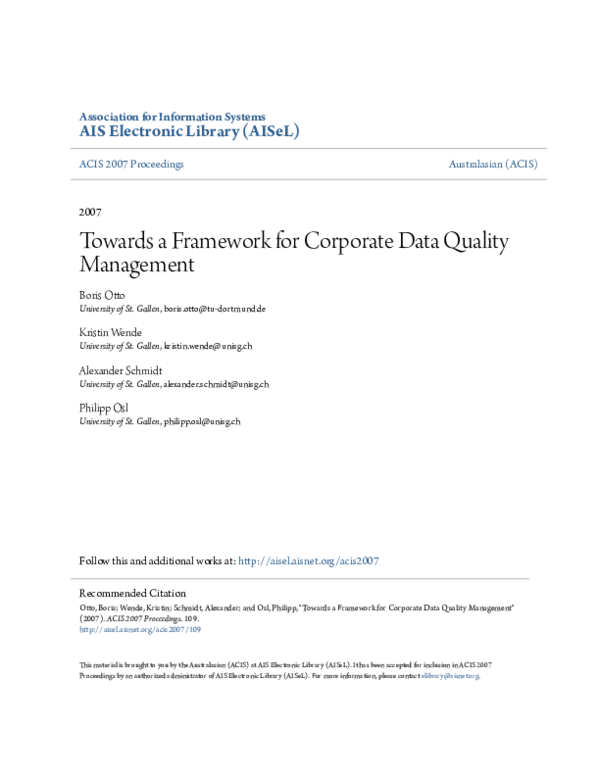 (PDF) Towards a Framework for Corporate Data Quality Management