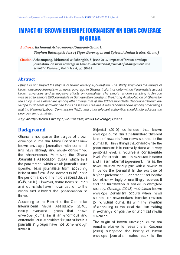 (PDF) IMPACT OF 'BROWN ENVELOPE JOURNALISM' ON NEWS COVERAGE IN GHANA