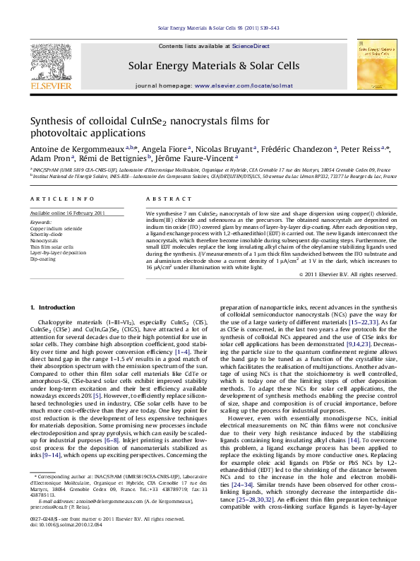 Pdf Synthesis Of Colloidal Cuinse2 Nanocrystals Films For Photovoltaic Applications Antoine De Kergommeaux Academia Edu
