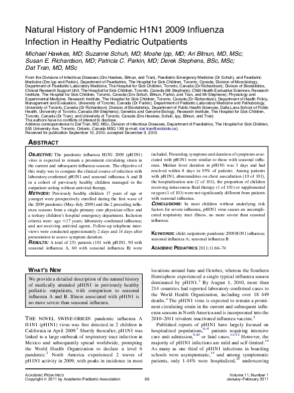 (PDF) Natural History of Pandemic H1N1 2009 Influenza Infection in ...