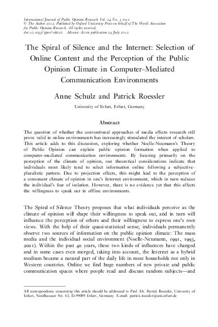 International Journal Of Public Opinion Research (PDF) Schulz, A. & Roessler, P. (2012). The Spiral of Silence and the