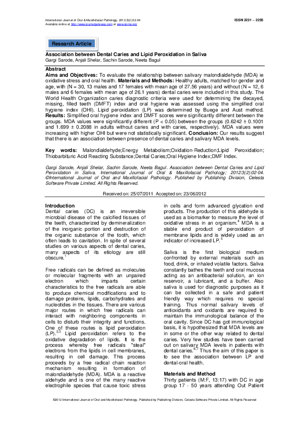 (PDF) Association between Dental Caries and Lipid Peroxidation in