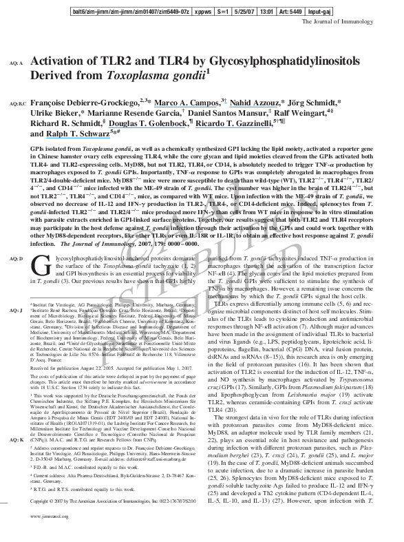 (PDF) Activation of TLR2 and TLR4 by Glycosylphosphatidylinositols ...