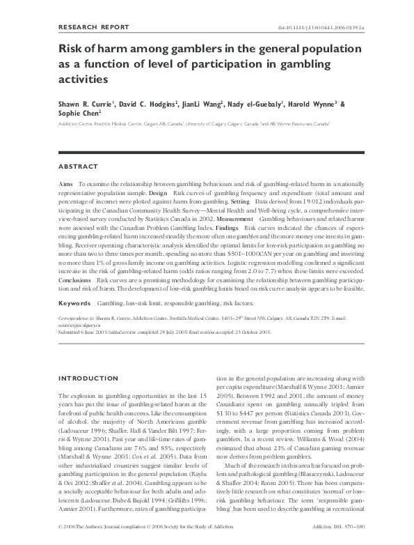 (PDF) Risk of harm among gamblers in the general population as a ...
