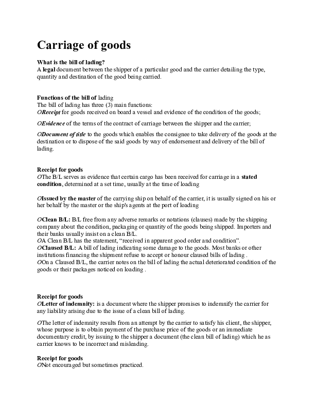 (DOC) Bill of Lading Responsibilities and Rights of Carrier, Shipper