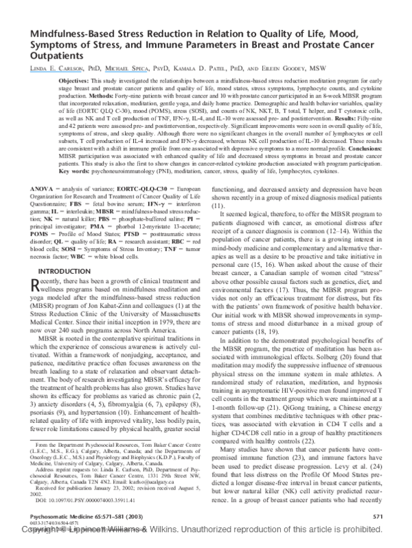 (PDF) Mindfulnessbased stress reduction in relation to quality of life