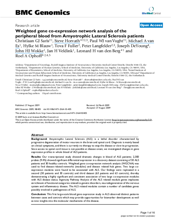 (PDF) Weighted gene co-expression network analysis of the peripheral ...