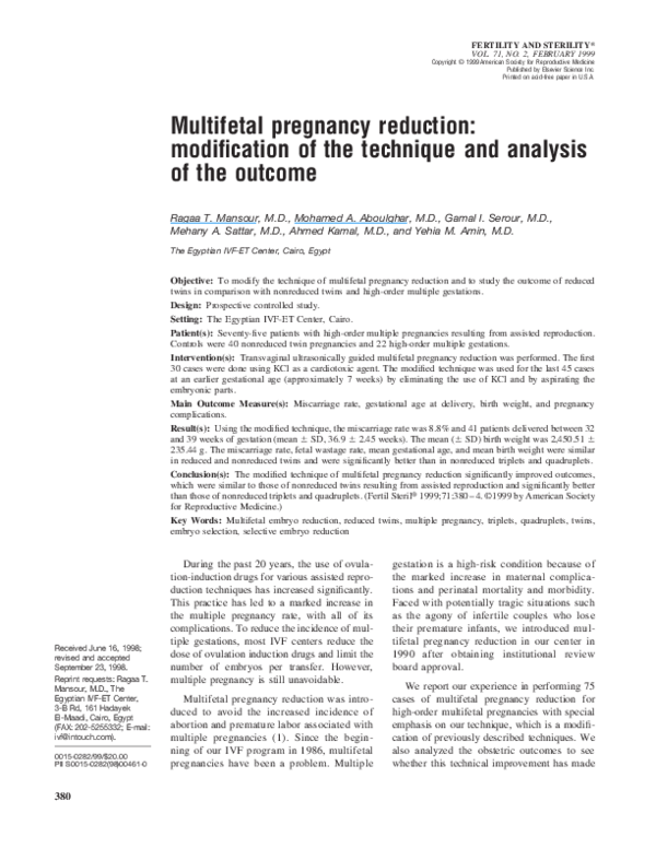 (PDF) Multifetal pregnancy reduction modification of the technique and