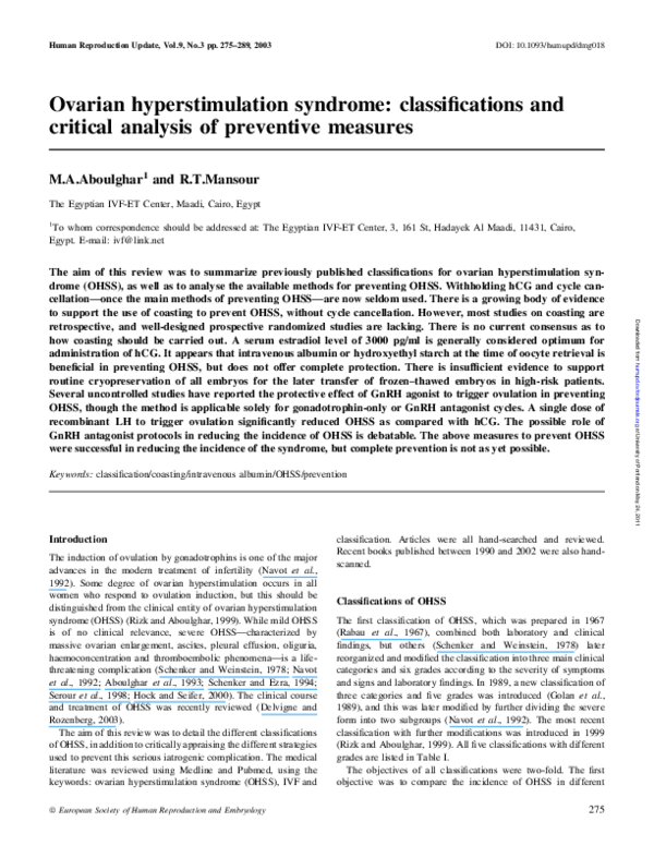 (PDF) Ovarian hyperstimulation syndrome: classifications and critical ...