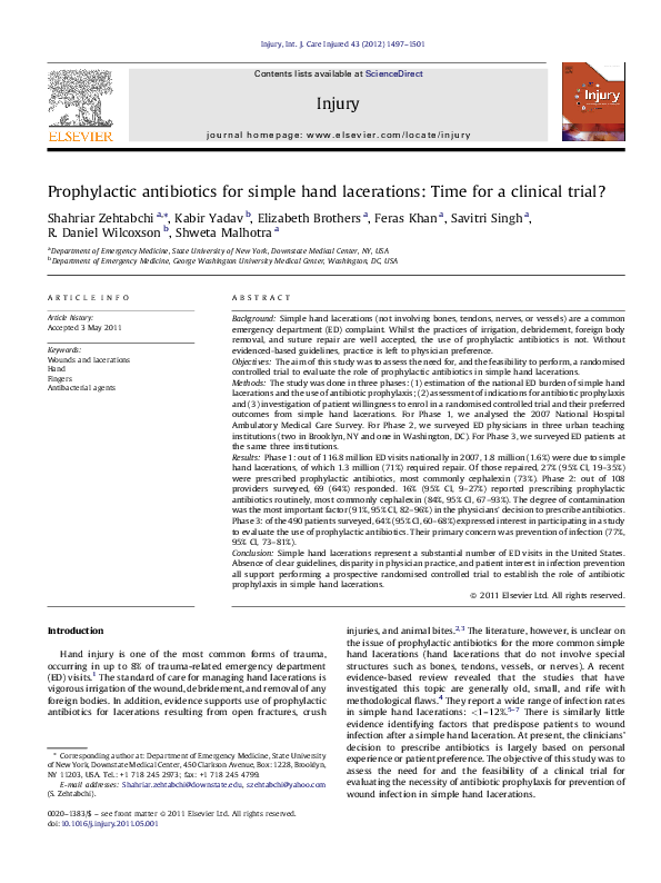 (PDF) Prophylactic antibiotics for simple hand lacerations Time for a clinical trial? Kabir