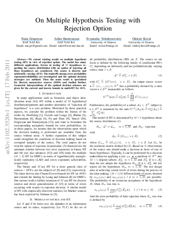 (PDF) On multiple hypothesis testing with rejection option