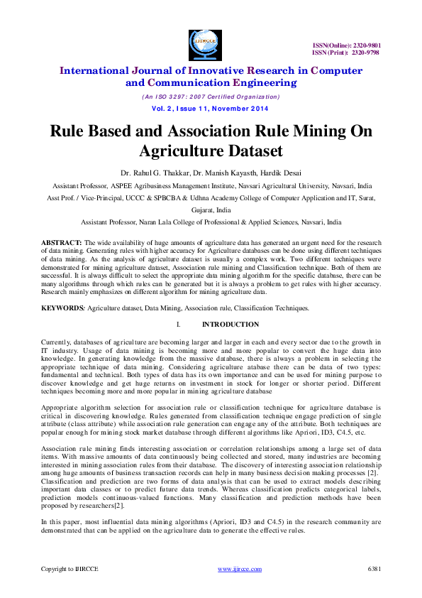 (PDF) Rule Based and Association Rule Mining On Agriculture Dataset