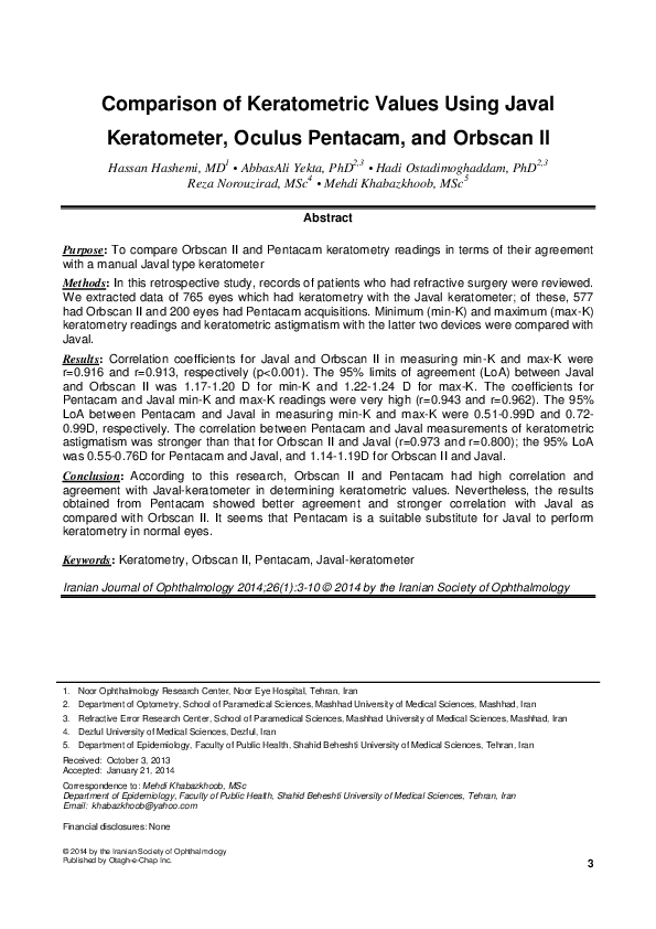 (PDF) Comparison of Keratometric Values Using Javal Keratometer, Oculus ...