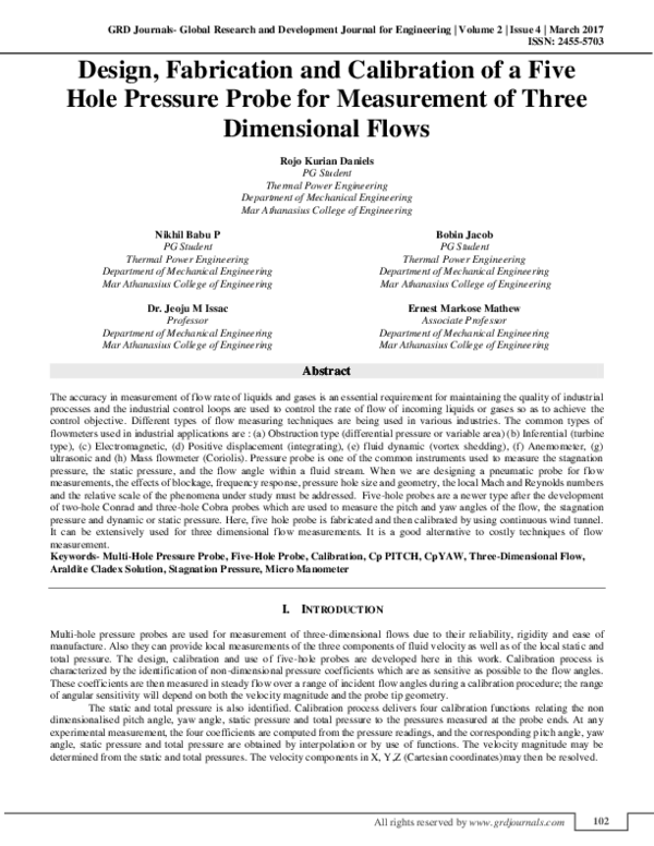 (PDF) Design, Fabrication and Calibration of a Five Hole Pressure Probe ...