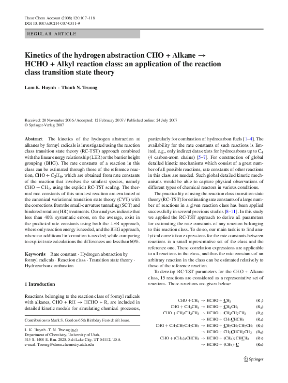 (PDF) Kinetics of the hydrogen abstraction CHO + Alkane → HCHO + Alkyl ...