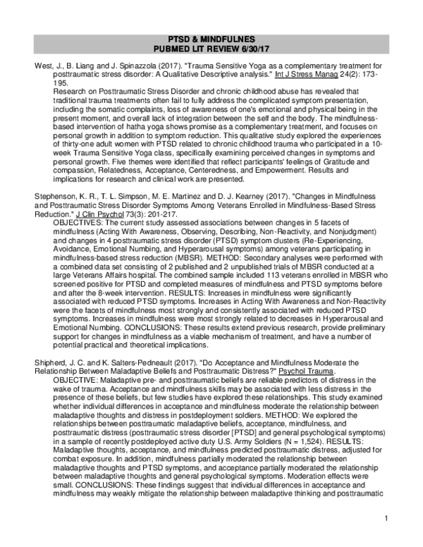 (DOC) PTSD & MINDFULNES PUBMED LIT REVIEW 6/30/17 Bonnie Duran