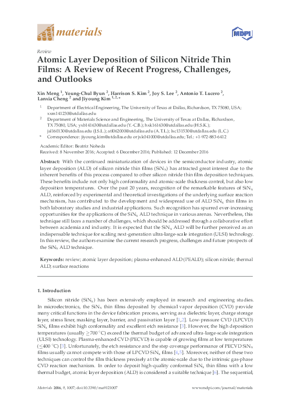 (PDF) materials Atomic Layer Deposition of Silicon Nitride Thin Films ...