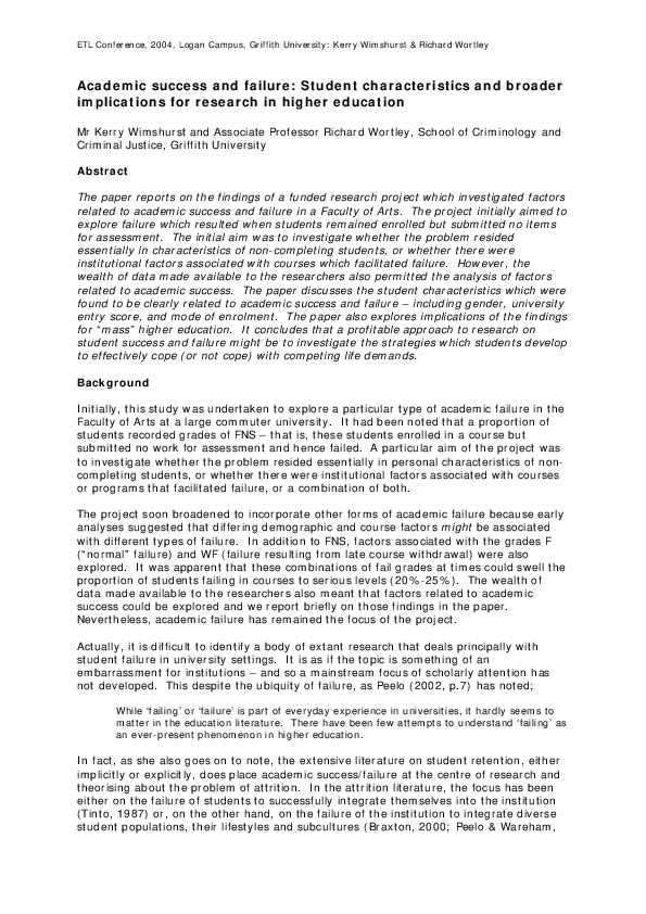 (PDF) Academic success and failure Student characteristics and broader implications for