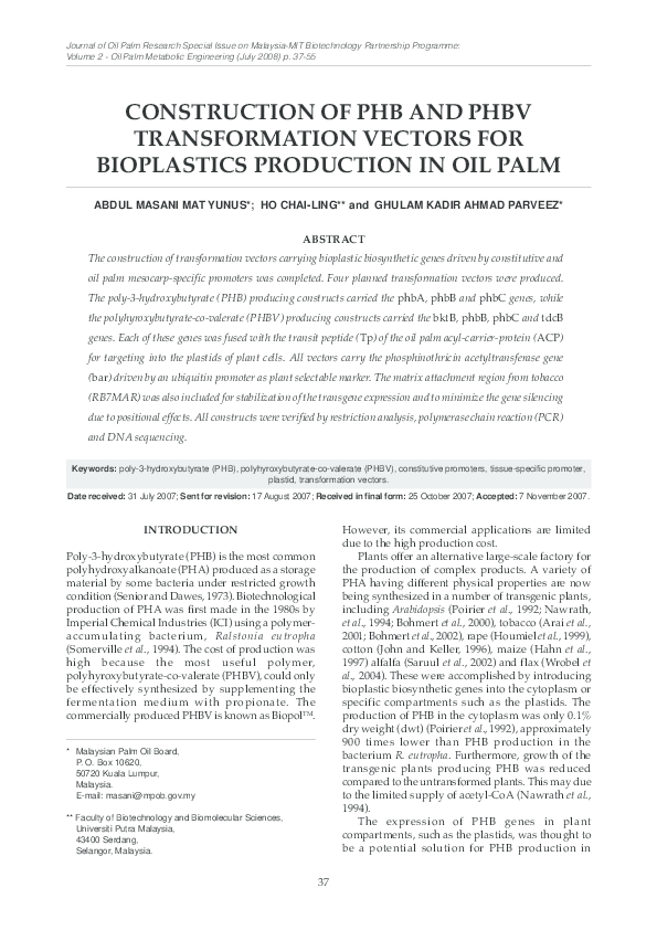 (PDF) CONSTRUCTION OF PHB AND PHBV TRANSFORMATION VECTORS FOR ...
