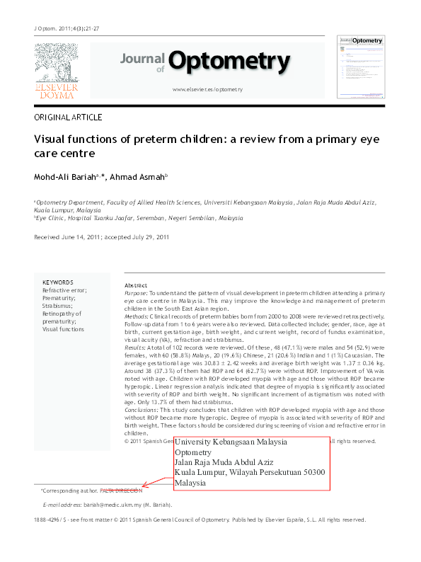 (PDF) Visual functions of preterm children a review from a primary eye