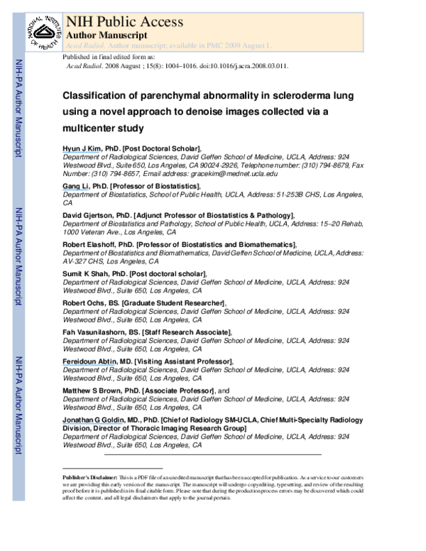 (PDF) Classification of Parenchymal Abnormality in Scleroderma Lung