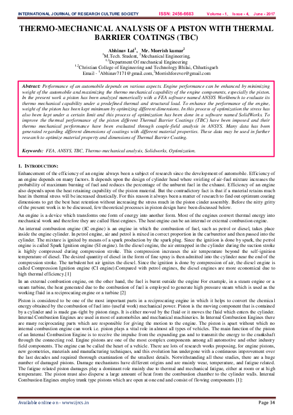 (PDF) THERMO-MECHANICAL ANALYSIS OF A PISTON WITH THERMAL BARRIER ...
