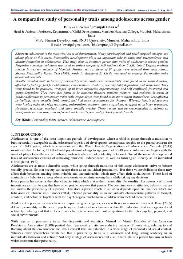 (PDF) A comparative study of personality traits among adolescents ...