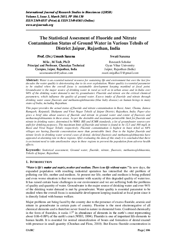 (PDF) The Statistical Assesment of Fluoride and Nitrate Contamination