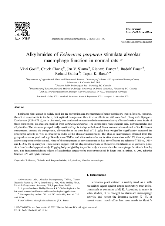 (PDF) Alkylamides of Echinacea purpurea stimulate alveolar macrophage ...