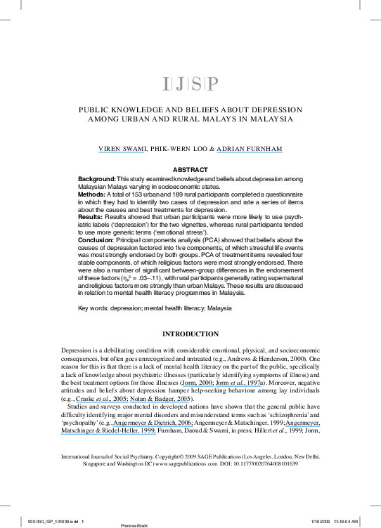 (PDF) Public Knowledge and Beliefs About Depression Among Urban and ...
