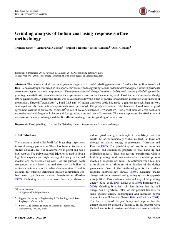(PDF) Grinding analysis of Indian coal using response surface methodology