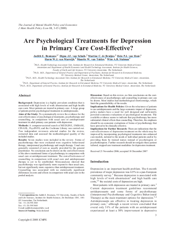(PDF) Are psychological treatments for depression in primary care cost ...