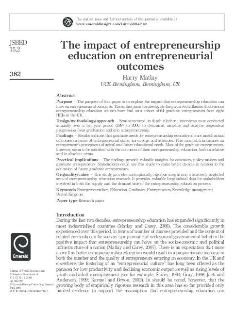 (PDF) The impact of entrepreneurship education on entrepreneurial outcomes