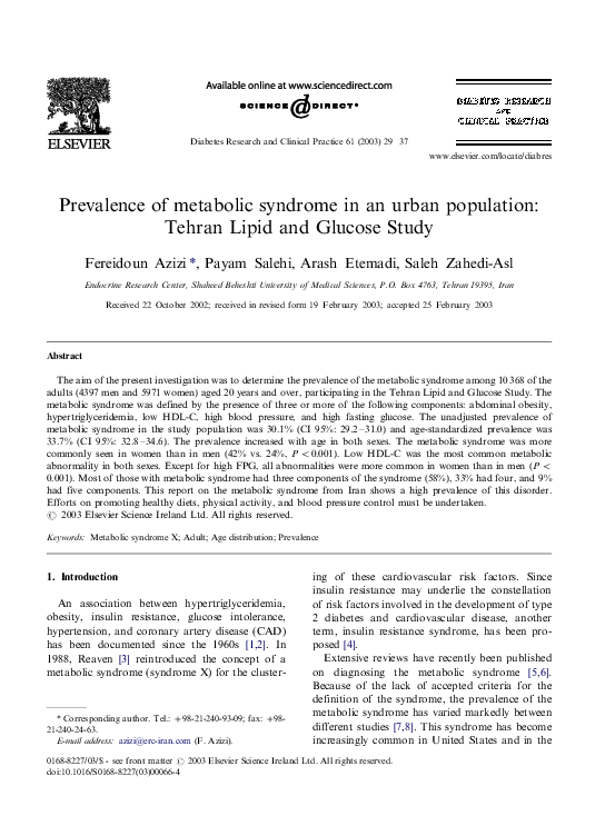 (PDF) Prevalence of metabolic syndrome in an urban population: Tehran ...