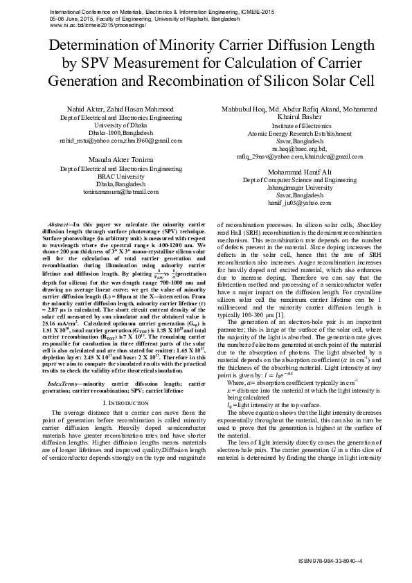(PDF) Determination of Minority Carrier Diffusion Length by SPV