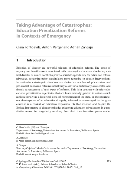 Taking Advantage of Catastrophes: Education Privatization Reforms in Contexts of Emergency