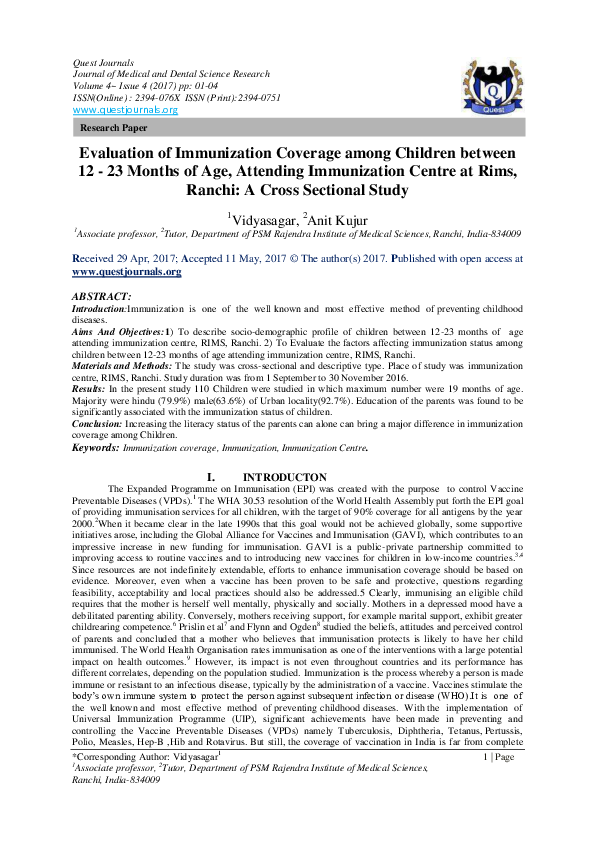 (PDF) Evaluation of Immunization Coverage among Children between 12 -23 ...