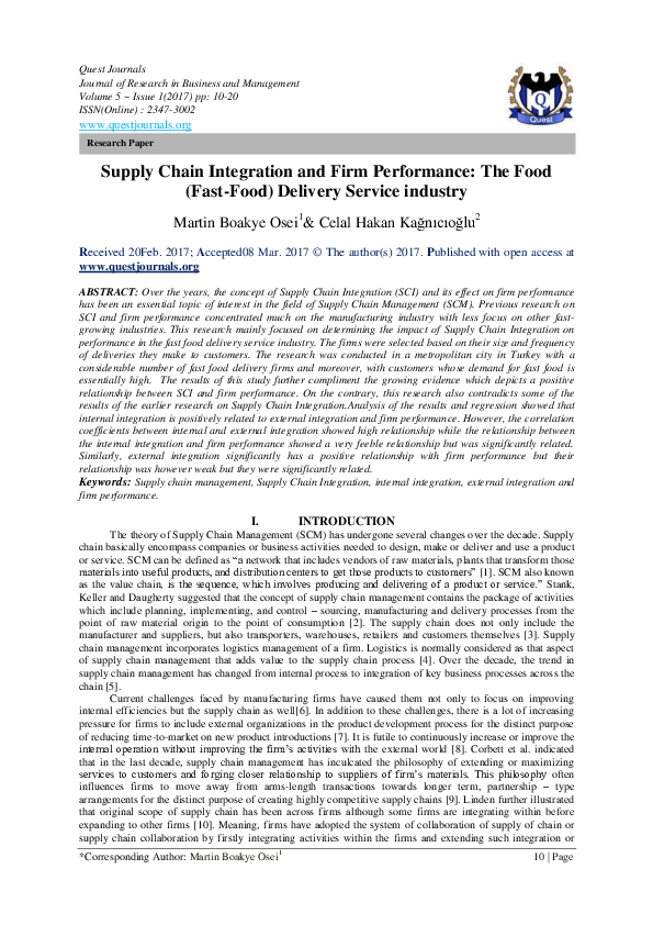 (PDF) Supply Chain Integration and Firm Performance: The Food (Fast ...