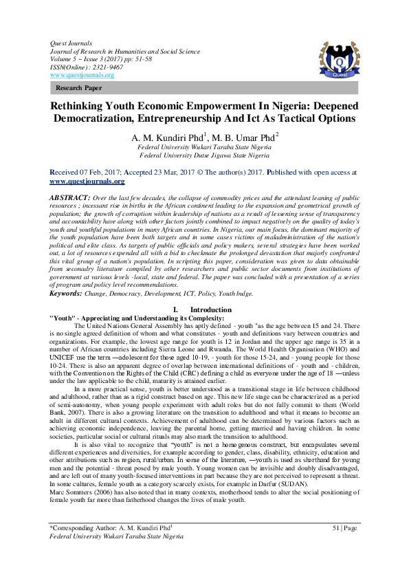 (PDF) Rethinking Youth Economic Empowerment In Nigeria: Deepened ...