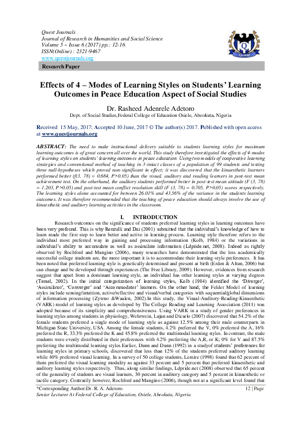 (PDF) Effects of 4 – Modes of Learning Styles on Students' Learning ...