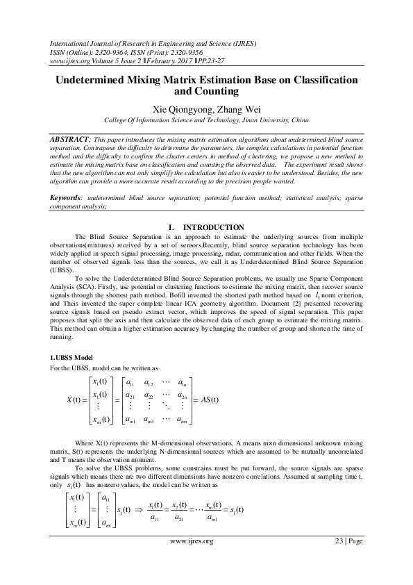 (PDF) Undetermined Mixing Matrix Estimation Base on Classification and ...
