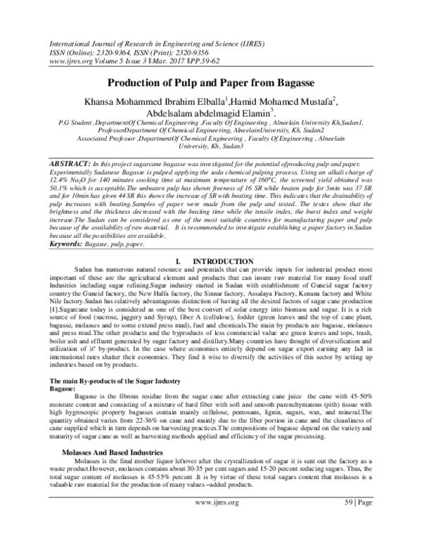 (PDF) Production of Pulp and Paper from Bagasse IJERS JOURNAL
