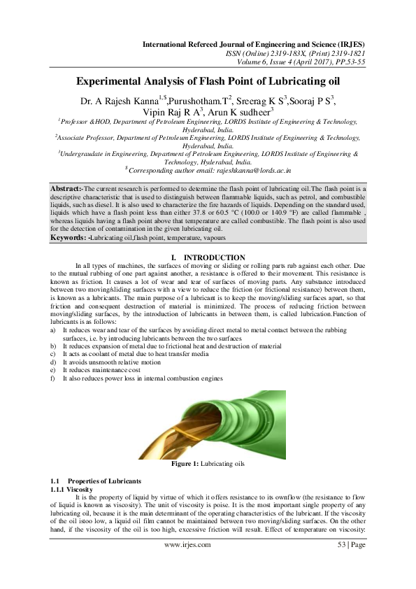 (PDF) Experimental Analysis of Flash Point of Lubricating oil IRJES