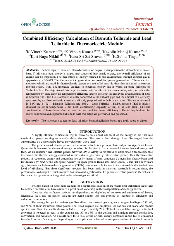 (PDF) Combined Efficiency Calculation of Bismuth Telluride and Lead ...
